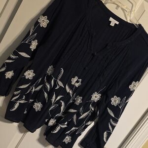 J. Jill Navy Blouse with Cream Floral Design